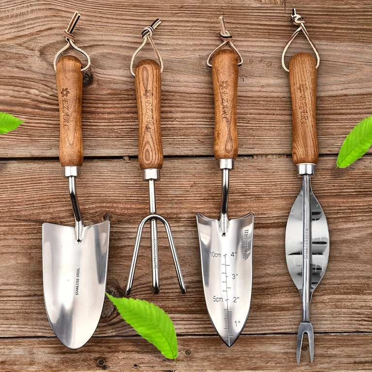 4PCS Heavy Duty Garden Tool Set Stainless Steel Hand Shovel Spade Rake Kit