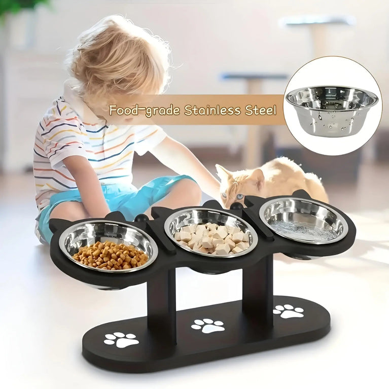 Adjustable 15° Elevated Cat Feeding Bowl with Wooden Support Stand