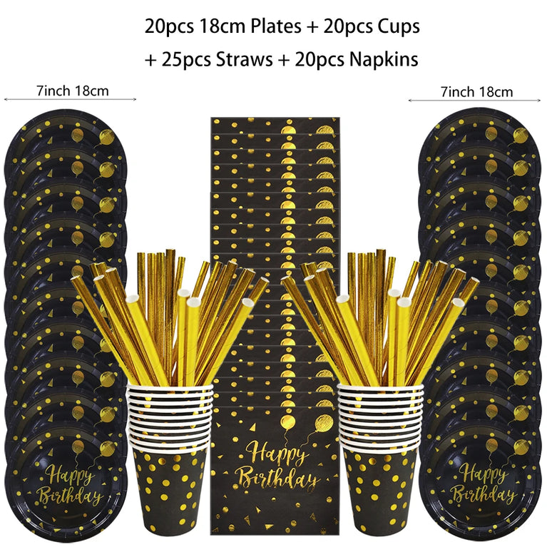 Black Gold Birthday Disposable Tableware Set Party Wedding Decoration Kit