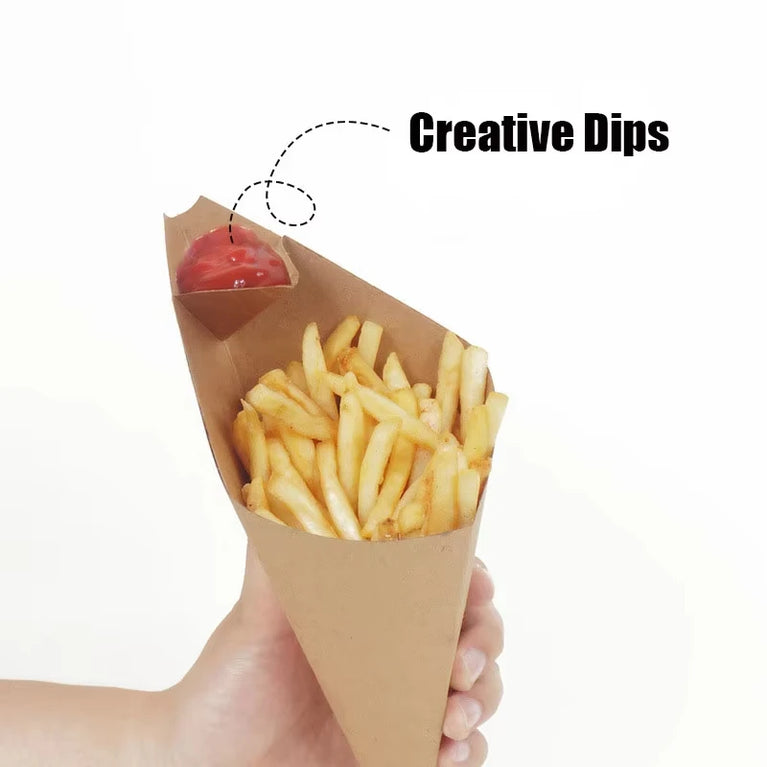Disposable Paper French Fries Holder Cone Cups With Dip Pocket For Snacks Popcorn Onion Rings Party Serving Set