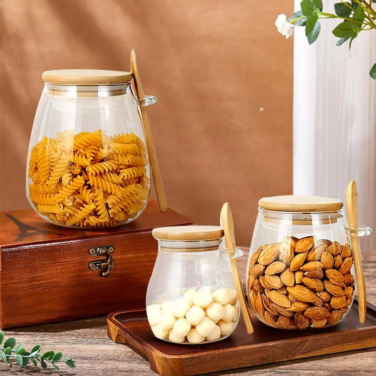 Airtight Glass Storage Jar with Bamboo Lid for Coffee Tea Spice Storage Containers