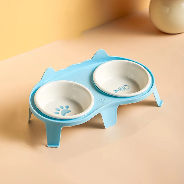 Ceramic Cat Bowl Double Bowl Elevated Slanted Pet Feeding Water Dish Rounded Design