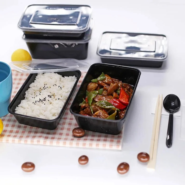 Disposable Food Containers Black Plastic Bento Lunch Boxes With Lids Meal Prep Storage Boxes Set