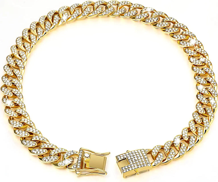 Luxury Cuban Link Cat Necklace Jewelry Rhinestone Collar Gold Chain Kitten