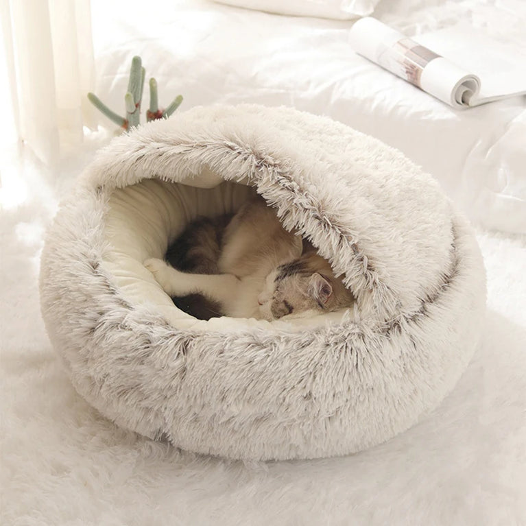 Soft Plush Round Pet Bed Cave 2in1 Warm Cat Dog Sleeping Nest Cozy Home