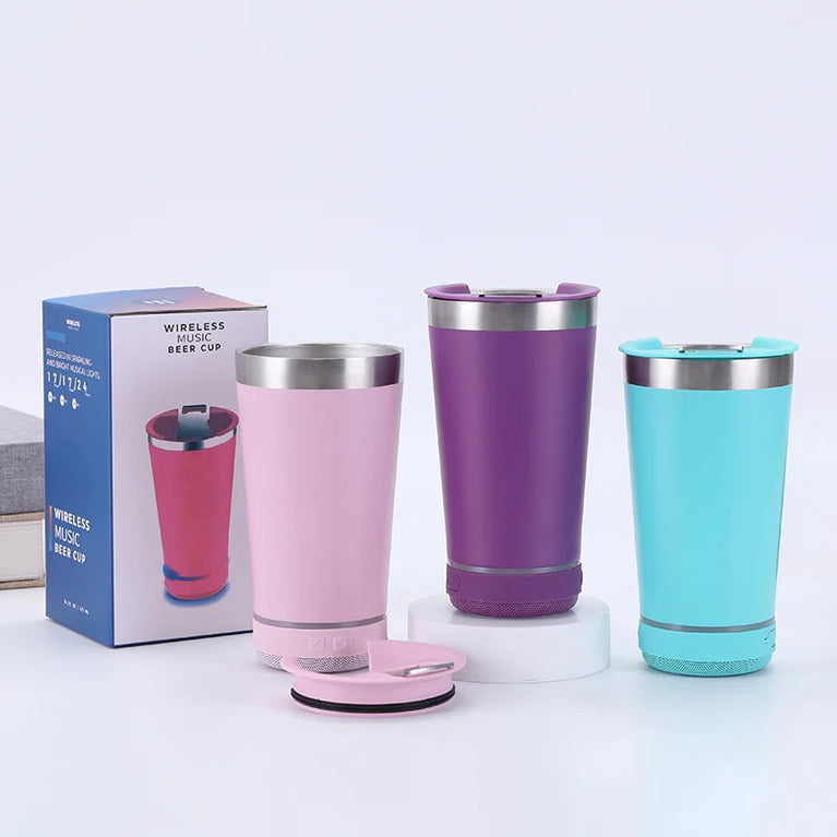 16oz Stainless Steel Vacuum Flask with Bluetooth Speaker Mug