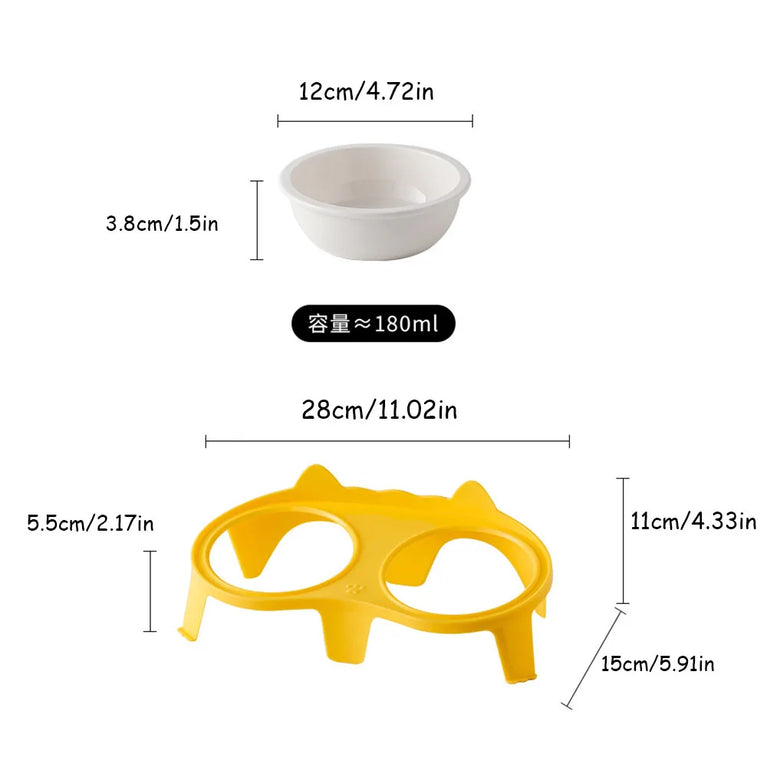 Ceramic Cat Bowl Double Bowl Elevated Slanted Pet Feeding Water Dish Rounded Design