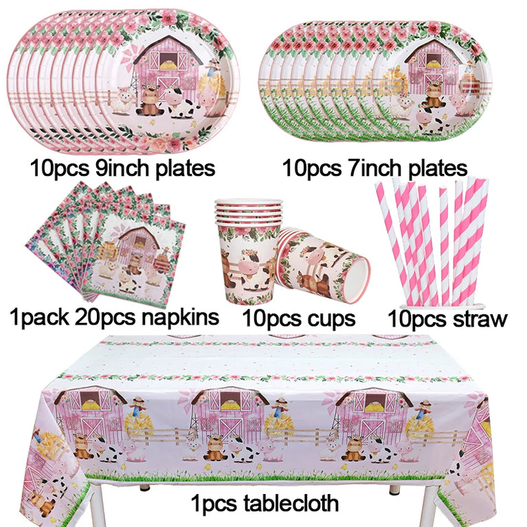 Pink Farm Animals Birthday Disposable Tableware Set-Baby Shower Decor