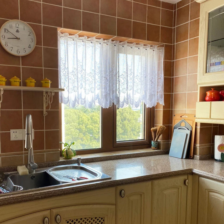 White Lace Sheer Tulle Curtains | Pastoral Floral Kitchen & Cafe Voile
