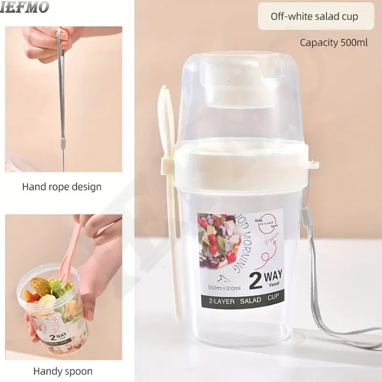 Portable Breakfast Salad Cup Oatmeal Fruit Vegetable Container with Fork Lid Leakproof Round PP Jar
