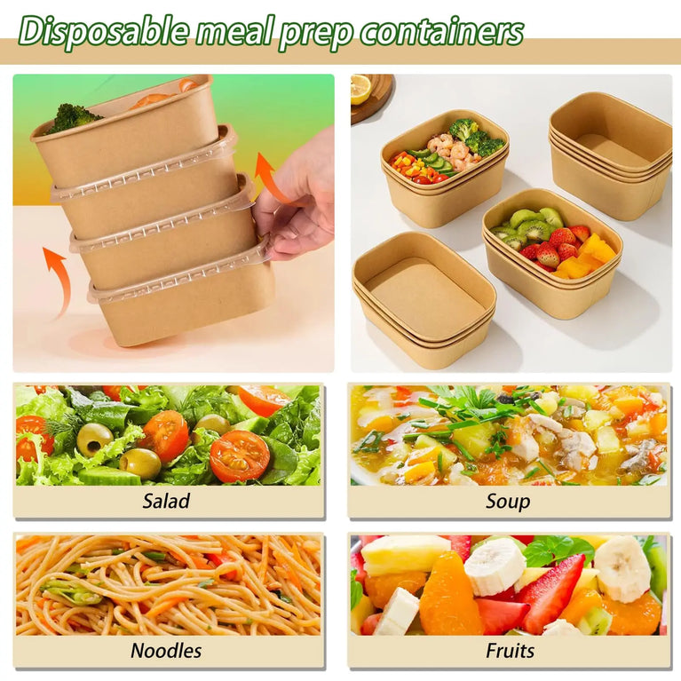 Disposable Kraft Paper Food Containers with Lids Leak Proof Meal Prep Lunch Box Set for Takeout Food Storage