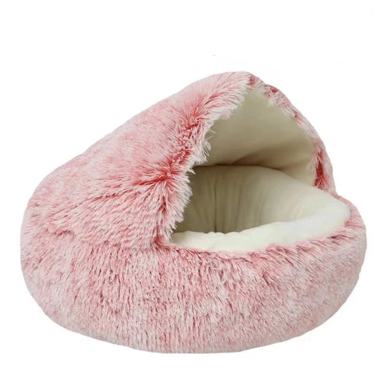 Soft Plush Round Pet Bed Cave 2in1 Warm Cat Dog Sleeping Nest Cozy Home