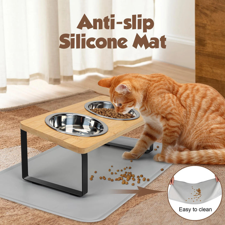 15° Tilted Raised Cat Bowls with Wooden Stand and 3 Steel Dishes