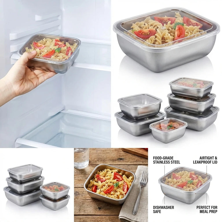 5PCS Stainless Steel Food Storage Containers Stackable Meal Prep Set