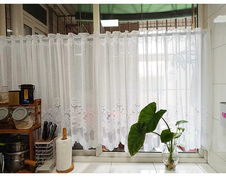 White Lace Sheer Tulle Curtains | Pastoral Floral Kitchen & Cafe Voile
