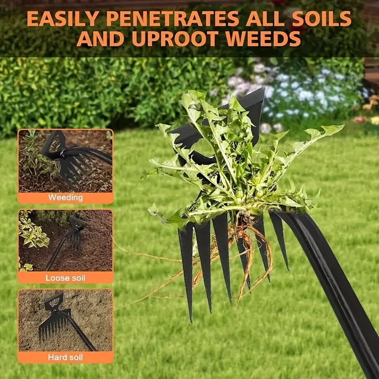 2 in 1 Garden Weeding Rake Carbon Steel Weed Puller Tool Garden Soil Remover
