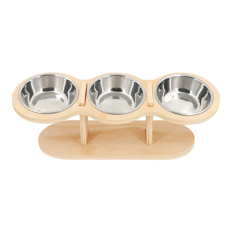15° Tilted Raised Cat Bowls with Wooden Stand and 3 Steel Dishes