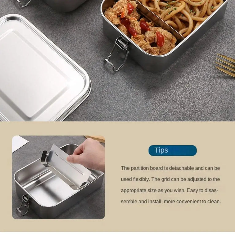 Stainless Steel Leakproof Bento Lunch Box Large Capacity Square Food Container with Lock Clips for Travel and Outdoor Use