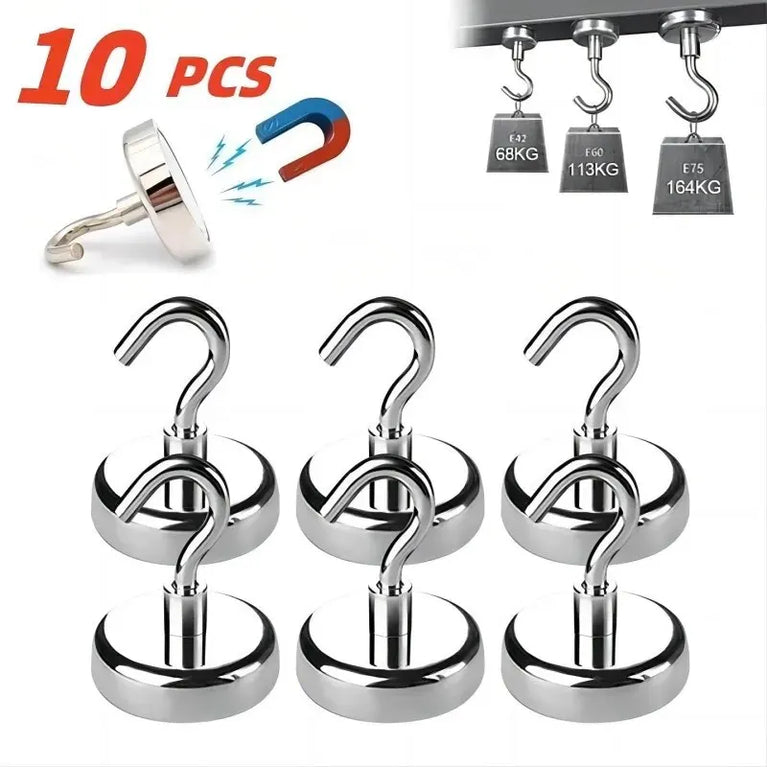 Strong Magnetic Hook Set | 10-Piece Neodymium Multi-Purpose Home & Office Organizer
