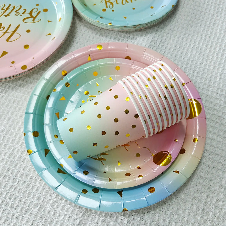 Rainbow Birthday Disposable Tableware Gold Dot Party Set Plates Cups Napkins