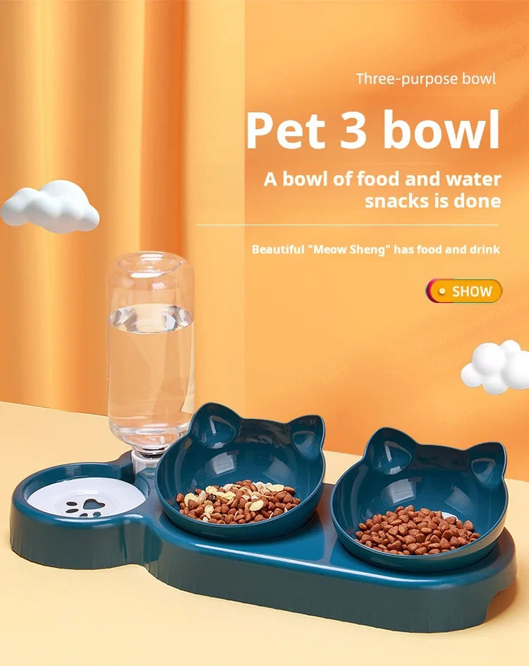 3 in 1 Tilted Cat Bowl Set with Water Feeder Raised Design