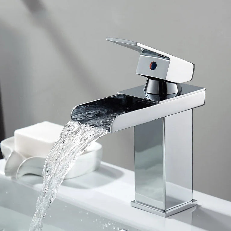 Waterfall Wide-Mouth Stainless Steel Faucet | Contemporary Deck-Mounted Hot & Cold Basin Tap