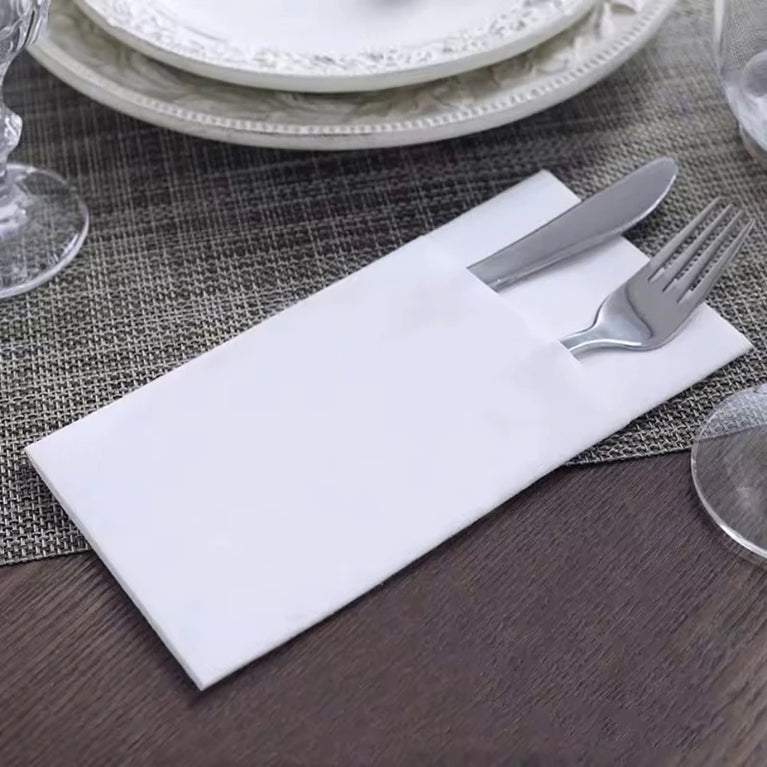 White Flatware Pocket Napkins | Disposable Knife & Fork Pad Party Supplies