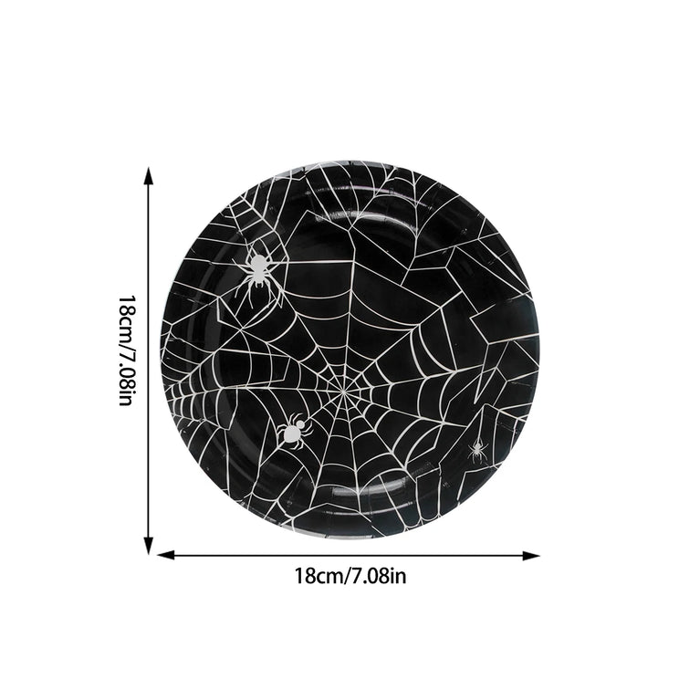 Halloween Spider Web Disposable Tableware Set Black Plates Cups Napkins Party Decoration