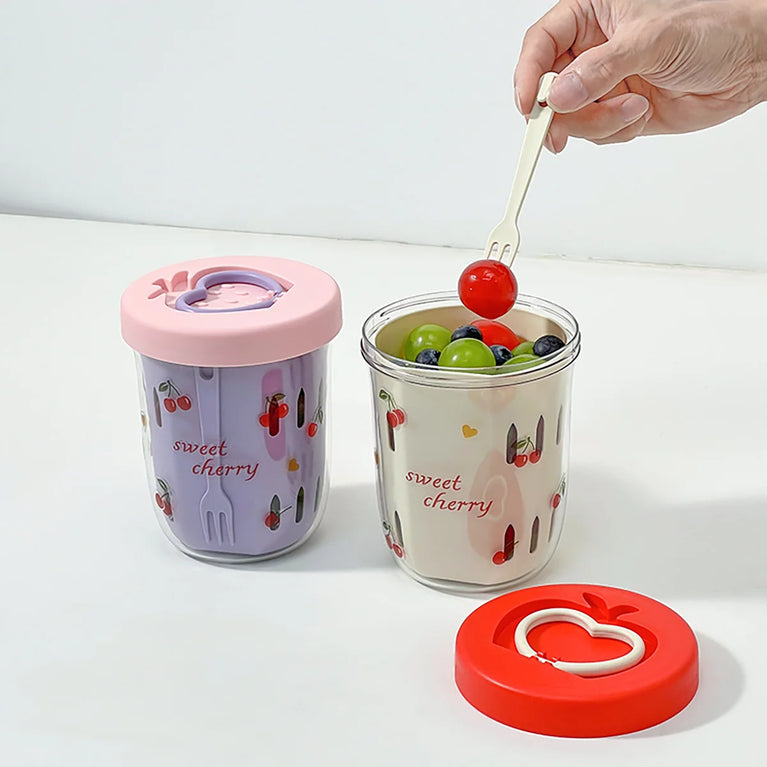 Double Wall Salad Cup Portable Leakproof Oat Breakfast Container Fork Handle