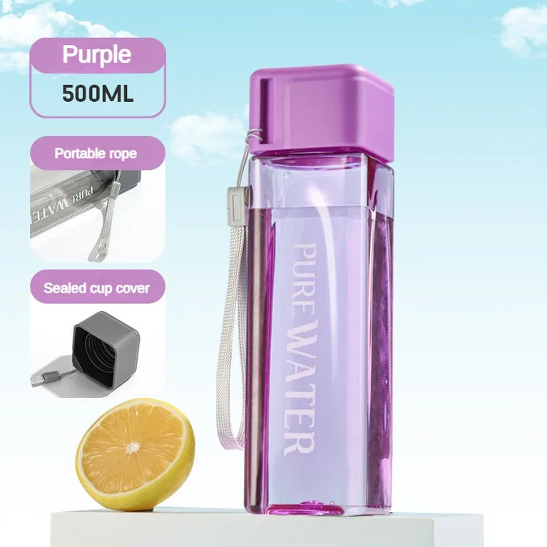 500ml Clear Square Portable Drinking Water Bottle with Rope Leakproof Plastic PC Outdoor Sports Hydration Bottle