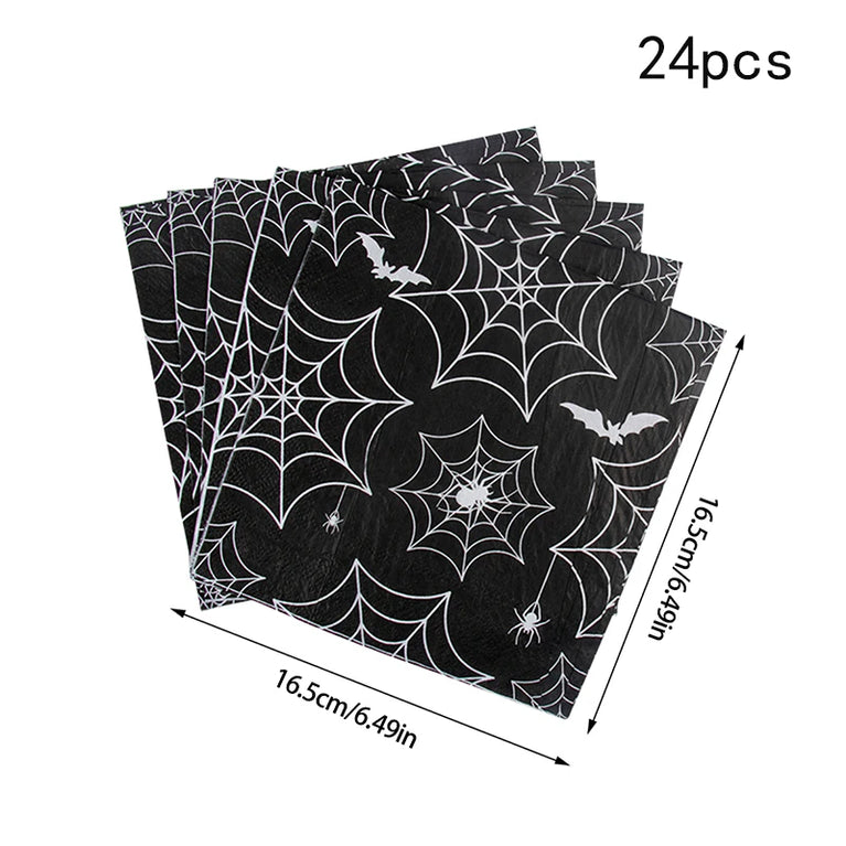 Halloween Spider Web Disposable Tableware Set Black Plates Cups Napkins Party Decoration