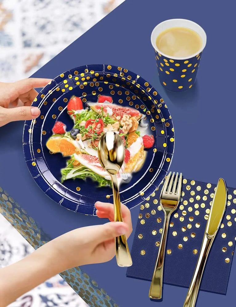 Navy Blue Gold Disposable Tableware Set for Wedding Party Use