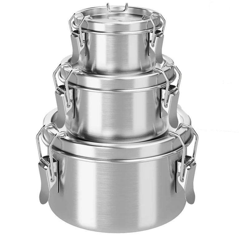 Stainless Steel Fresh Keep Round Sealed Lunch Box Buckle Food Container Fruit Salad Organizer for Refrigerator Storage