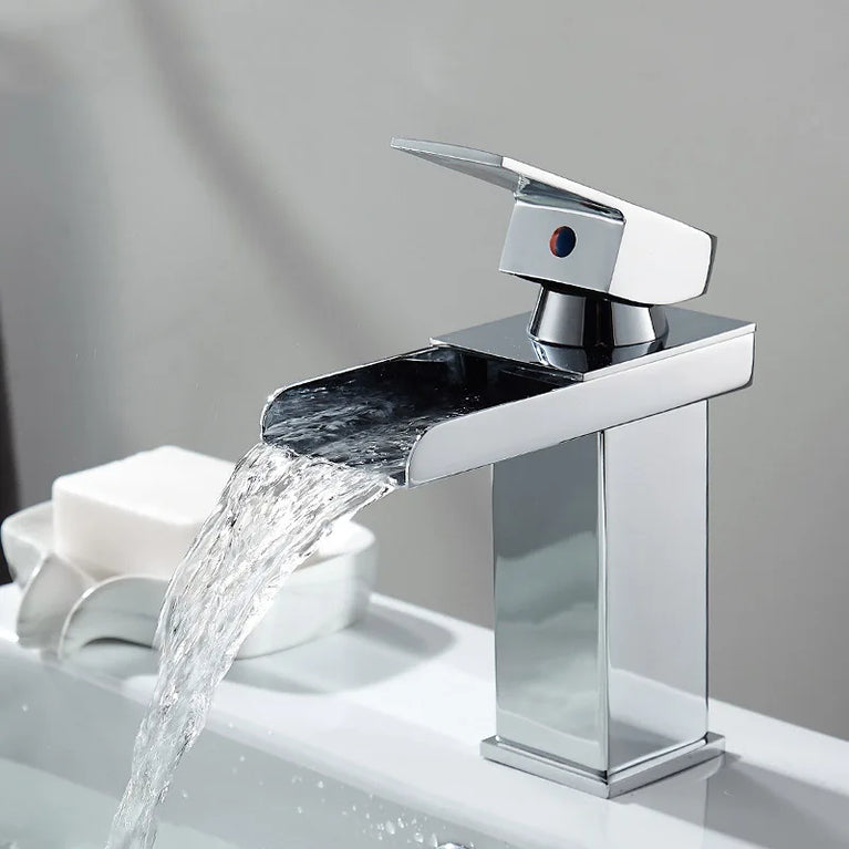 Waterfall Wide-Mouth Stainless Steel Faucet | Contemporary Deck-Mounted Hot & Cold Basin Tap