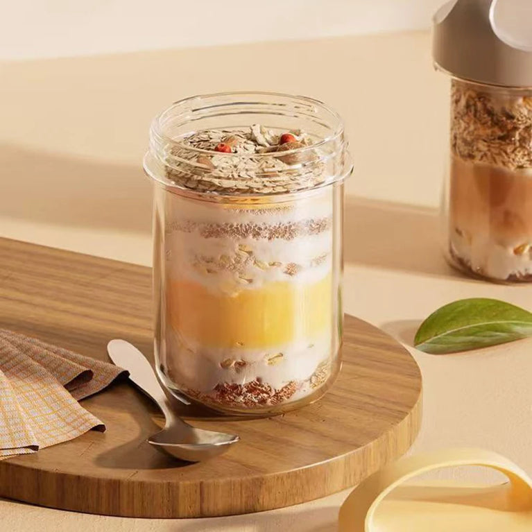 Glass Yogurt Breakfast Cup With Lid Spoon Overnight Oats Container Jar