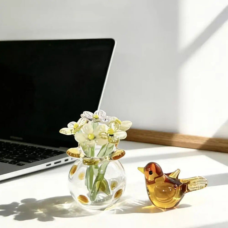 Miniature Hand-Blown Glass Flower Figurine | Exquisite Crystal Bouquet Decor