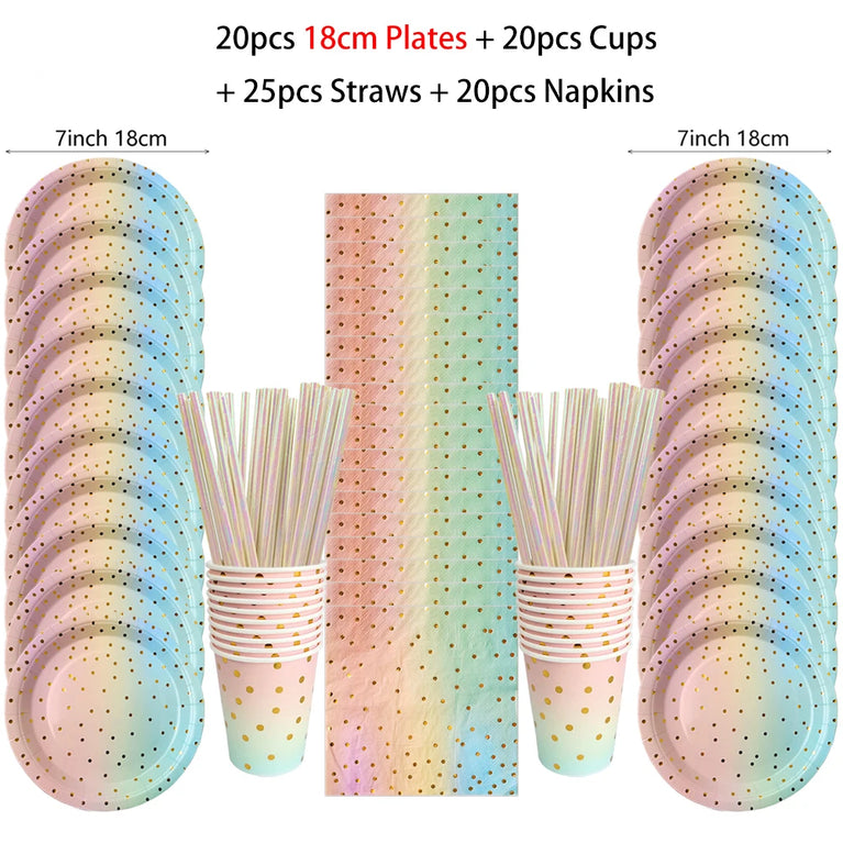 Rainbow Birthday Disposable Tableware Gold Dot Party Set Plates Cups Napkins