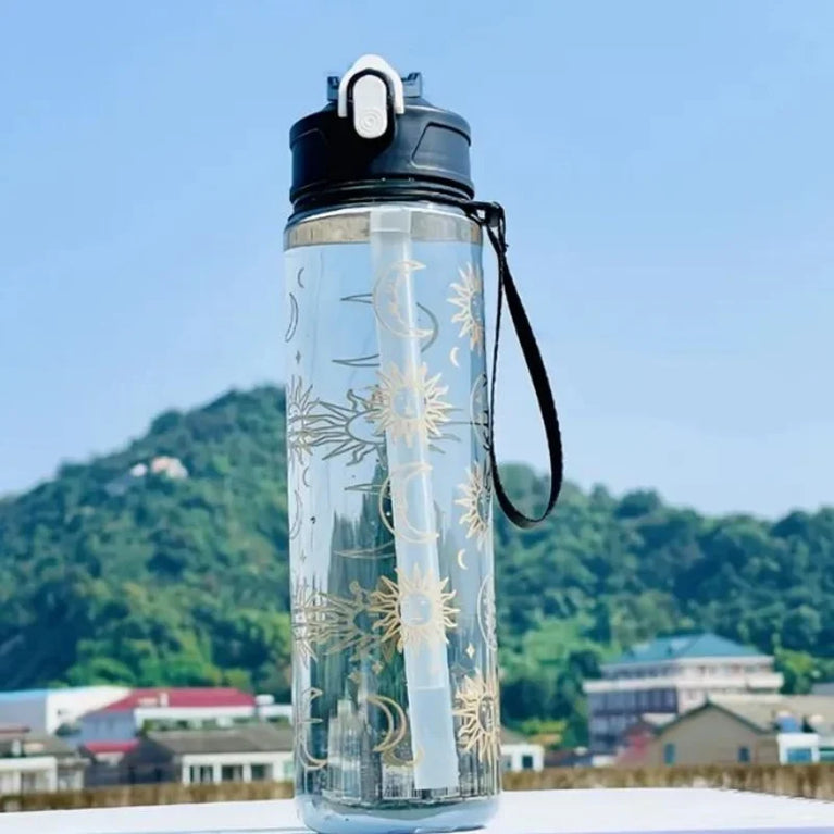 800ML Trendy Printed Space Straw Water Bottle with Portable Strap