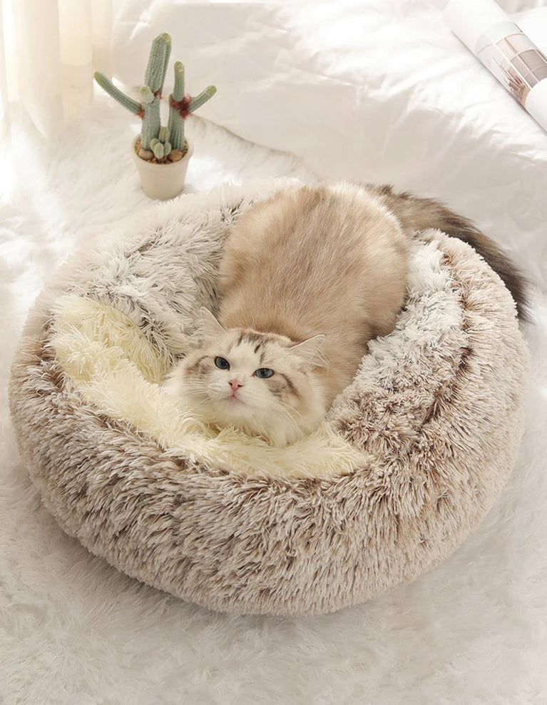 Soft Plush Round Pet Bed Cave 2in1 Warm Cat Dog Sleeping Nest Cozy Home