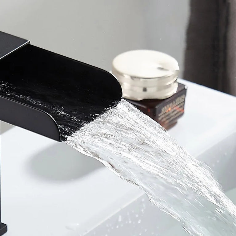 Waterfall Wide-Mouth Stainless Steel Faucet | Contemporary Deck-Mounted Hot & Cold Basin Tap