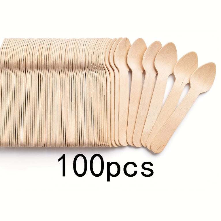 100Pcs Disposable Birch Wood Ice Cream Dessert Mini Spoons Party Set
