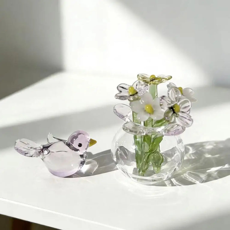 Miniature Hand-Blown Glass Flower Figurine | Exquisite Crystal Bouquet Decor