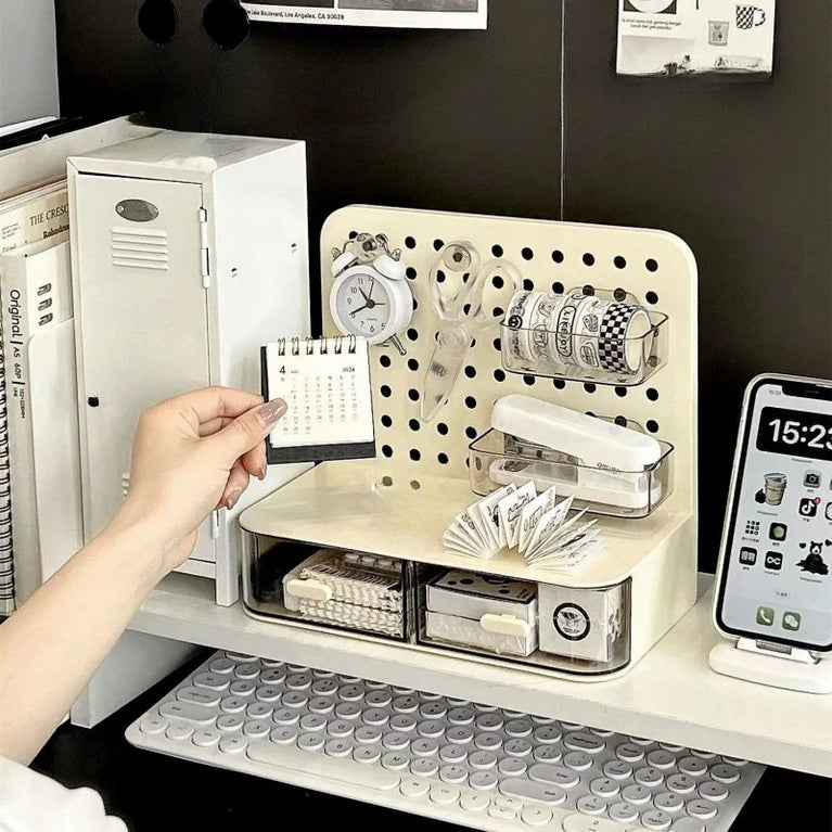 Desktop Perforated Board Desk Organiser with Drawer Storage Rack