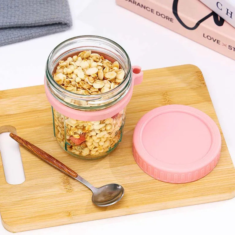 Overnight Oats Container with Lid and Spoon 300ML Glass Breakfast Cup for Yogurt Salad Cereal Storage