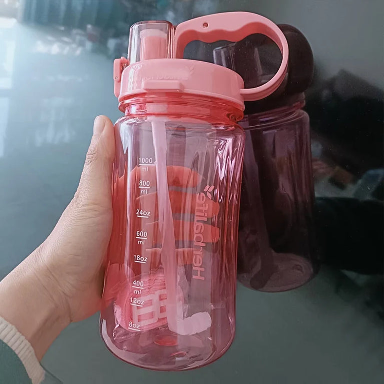 1000ml Transparent Straw Strap Bounce Button Sports Water Bottle 1L Leakproof Handgrip Gym Hydration Bottle