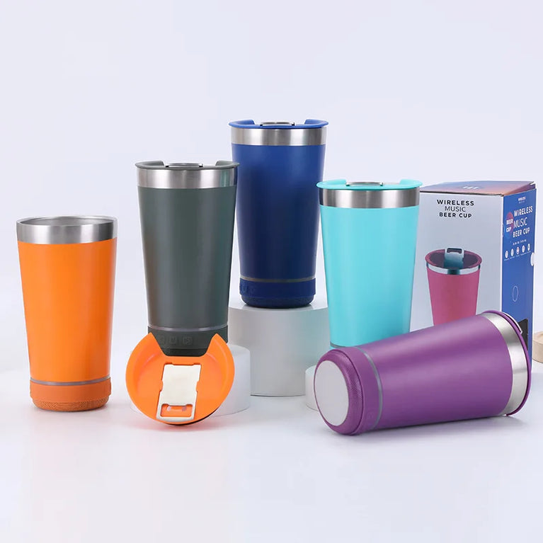 16oz Stainless Steel Vacuum Flask with Bluetooth Speaker Mug