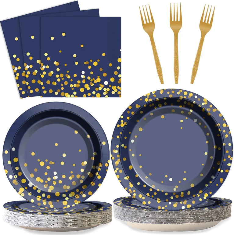 Navy Blue Gold Disposable Tableware Set for Wedding Party Use