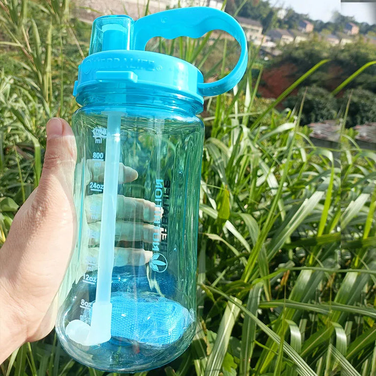 1000ml Transparent Straw Strap Bounce Button Sports Water Bottle 1L Leakproof Handgrip Gym Hydration Bottle