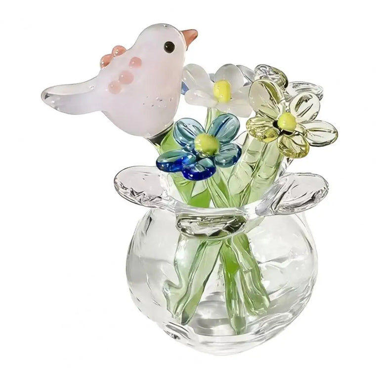 Miniature Hand-Blown Glass Flower Figurine | Exquisite Crystal Bouquet Decor