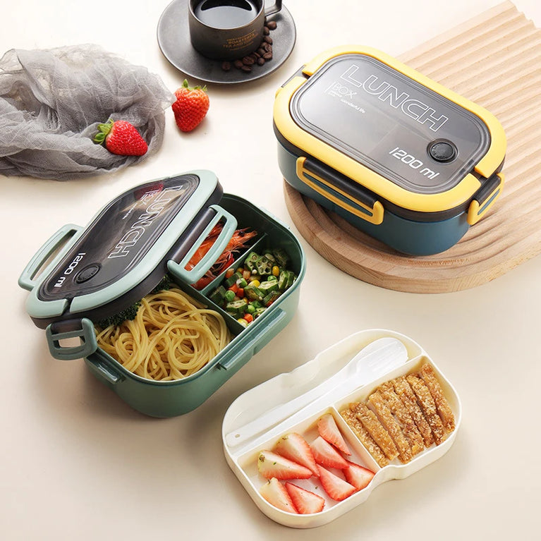 Double Layer Microwave Lunch Box Portable Plastic Food Container with Fork and Spoon Set